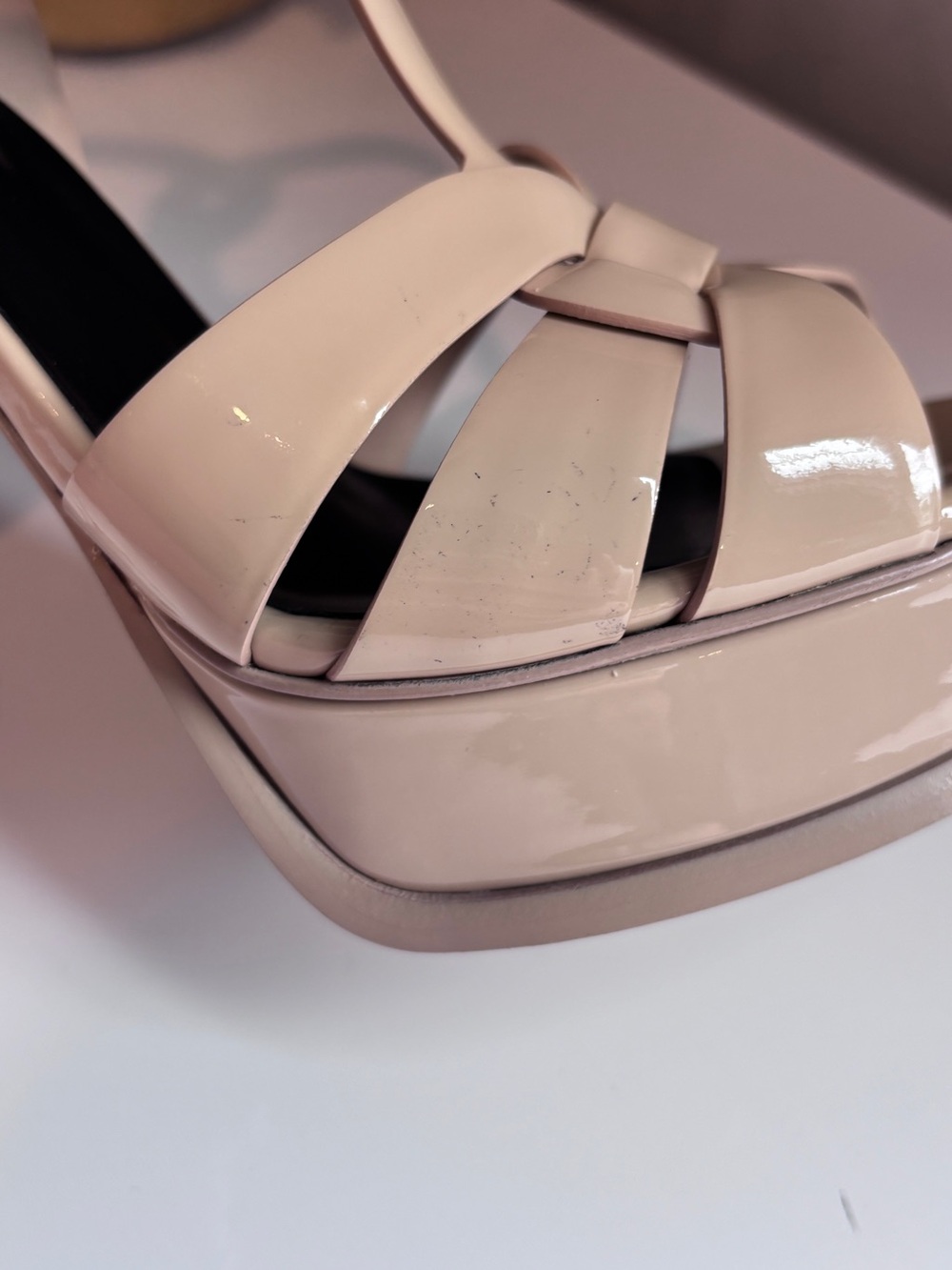 Yves Saint Laurent Patent Leather Nude T-Strap Platform Sandals - Picture 7 of 11